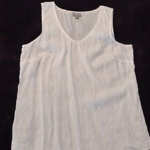 100% Linen J Jill White Sleeveless Tank Top Women M Eyelet Neck Slit Hem Resort